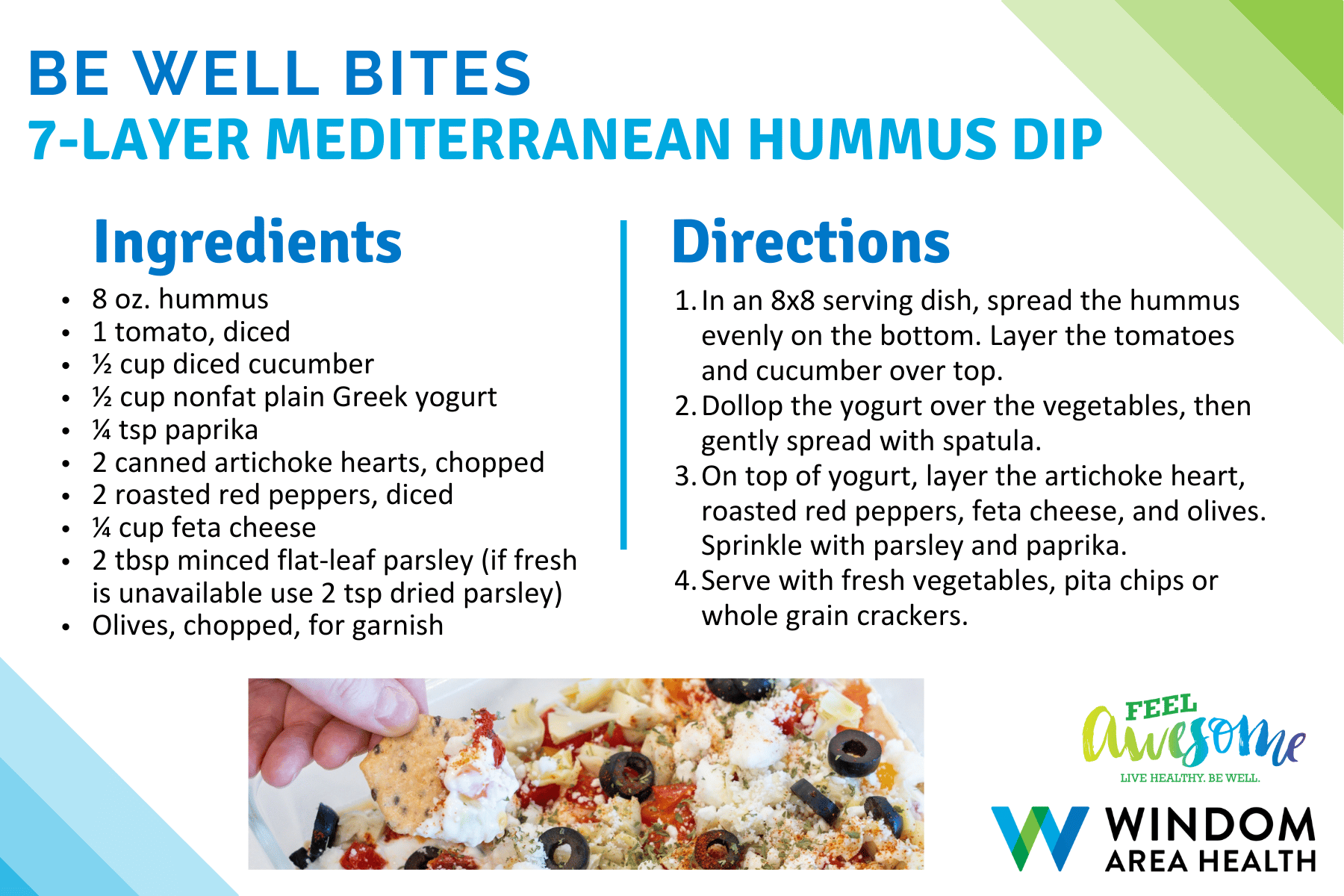 Be Well Bites 7-Layer Mediterranean Hummus Dip Recipe Card